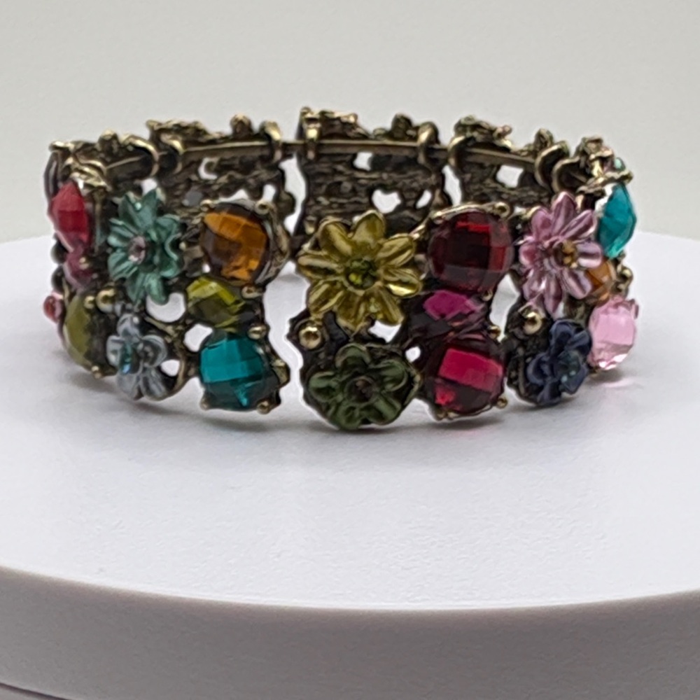 Vintage Style Floral Multicolor Crystal Clamper Bracelet Cuff - Picture 5 of 6